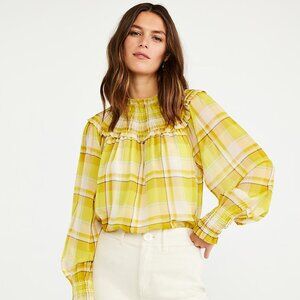 Ann Taylor Yellow Plaid Smocked Yoke Blouse